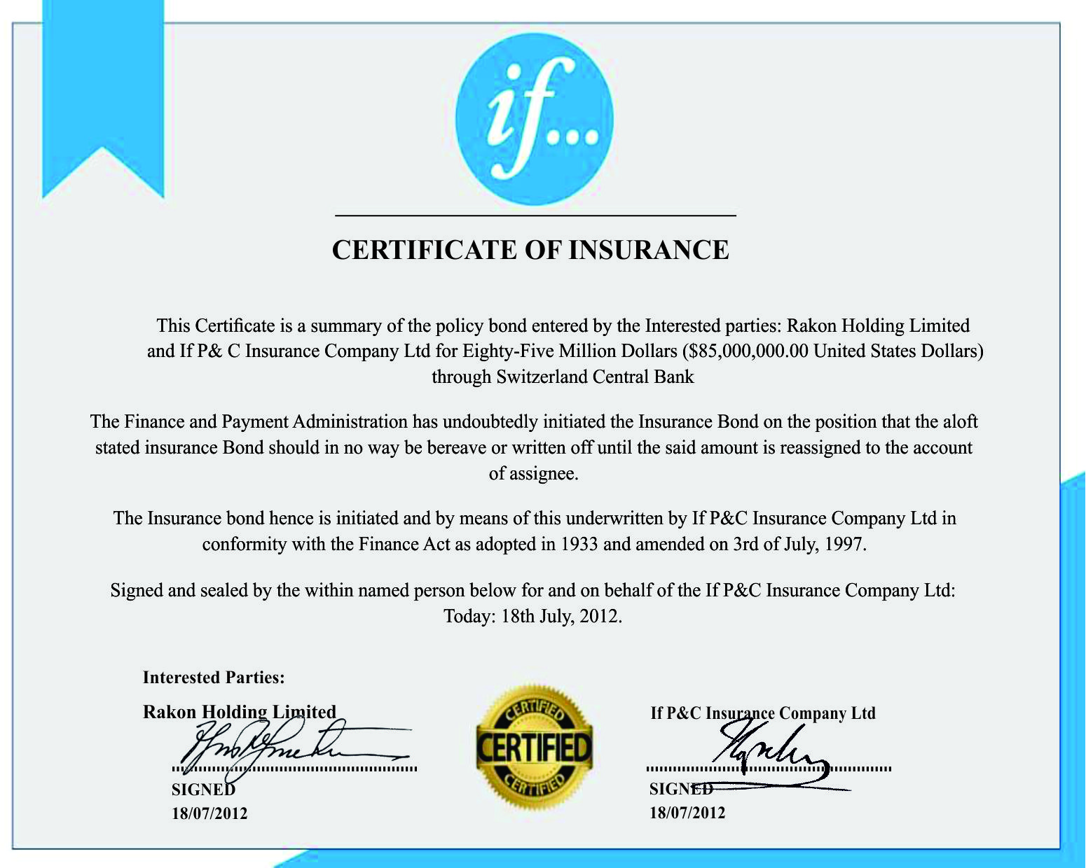 Rakon Holding Limited certificate